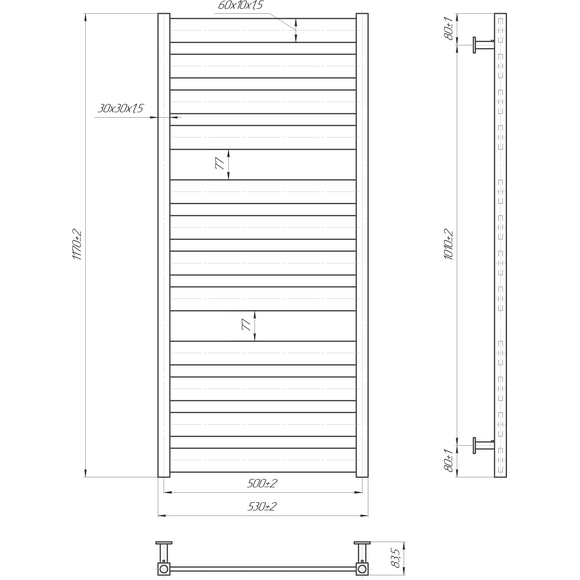 Водяной полотенцесушитель Mario Inox Санти 1.7.044606.P (530x1170, белый глянец/белый матовый/бронза/графит/золото/черный матовый/хром), Доступные размеры: 530 x 1170, фото 5