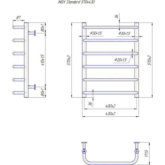 Водяной полотенцесушитель Mario Inox Стандарт 1.8.044607.P (430x570, белый глянец/белый матовый/бронза/графит/золото/черный матовый/хром), Доступные размеры: 430 x 570, фото 4