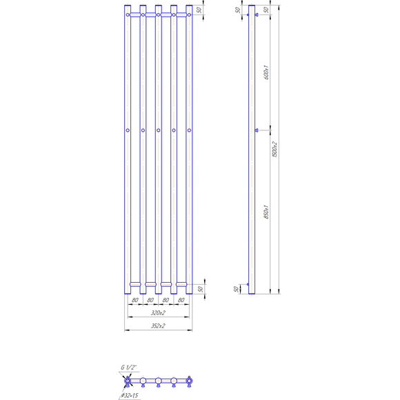 Водяной полотенцесушитель Mario Inox Туб 1.7.046429.P (350x1500, белый глянец/белый матовый/бронза/графит/золото/черный матовый/хром), фото 3
