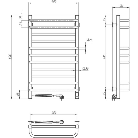 Электрический полотенцесушитель Navin Грандис Sensor 12-208153-4880 (480x800, черный муар, левый, сенсорный, с таймером), Доступные размеры: 480 x 800, Цвет производителя: черный муар, Подключение полотенцесушителя: левое, фото 6