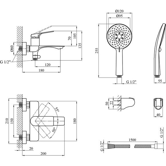 Комплект змішувачів для ванної кімнати Kroner Graz KRGGRP060GRP010 (GRP060+GRP010, графіт), фото , изображение 10