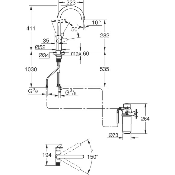 Набір для кухні 3 в 1 Grohe 30594040: змішувач для кухні Blue Pure StartCurve 30592000 + фільтр Blue S-Size 40404001 + головка 64508001, фото , изображение 9
