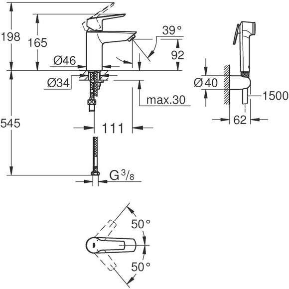 Смеситель для умывальника Grohe QuickFix Start S-Size 231232433 (черный матовый, с гигиеническим душем), Цвет производителя: черный матовый, фото 4