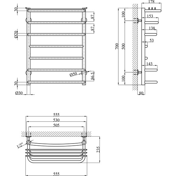 Водяна рушникосушарка Kroner KRP Stern ST-WT70x50-7 (500x700), Доступні розміри: 500 x 700, Підключення рушникосушарки: нижнє, фото , изображение 5