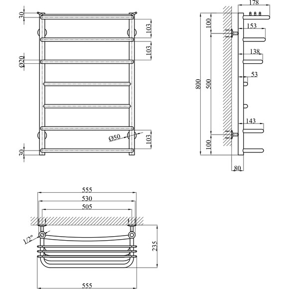 Водяна рушникосушарка Kroner KRP Stern ST-WT80x50-7 (500x800), Доступні розміри: 500 x 800, Підключення рушникосушарки: нижнє, фото , изображение 5