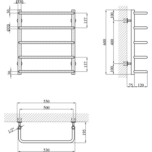 Водяна рушникосушарка Kroner KRP Stil ST-LWT60x50-5 (500x600), Доступні розміри: 500 x 600, Підключення рушникосушарки: нижнє, фото , изображение 5