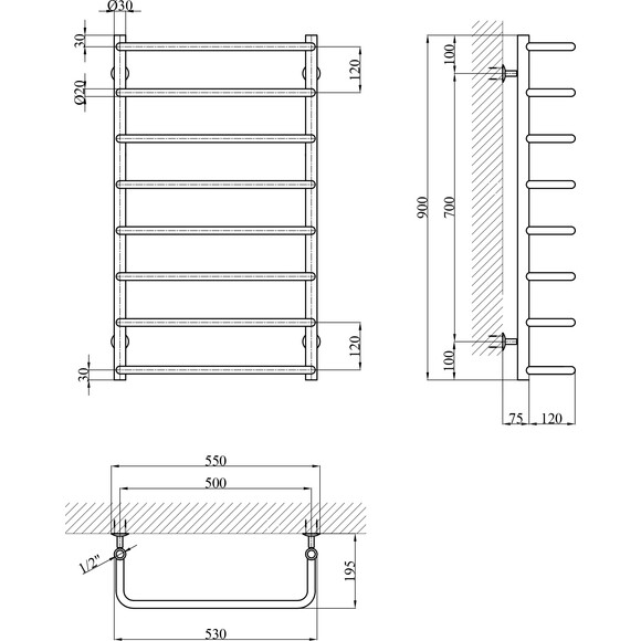 Водяной полотенцесушитель Kroner KRP Stil ST-LWT90x50-8 (500x900), Доступные размеры: 500 x 900, Подключение полотенцесушителя: нижнее, фото 5