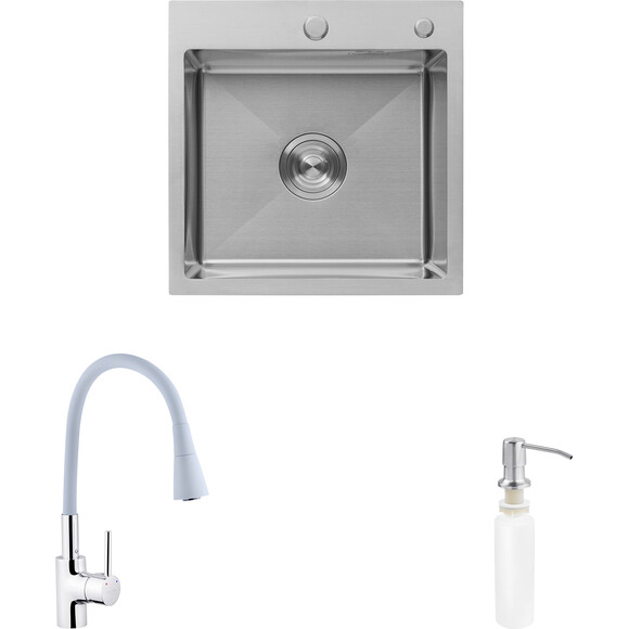 Кухонная мойка со смесителем Kroner KRG5050HMC031GRASP016 (50x50 см, 3.0/1.0 мм, с коландером, дозатором и сифоном), фото 