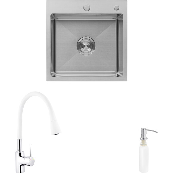 Кухонная мойка со смесителем Kroner KRG5050HMC031WHISP016 (50x50 см, 3.0/1.0 мм, с коландером, дозатором и сифоном), фото 