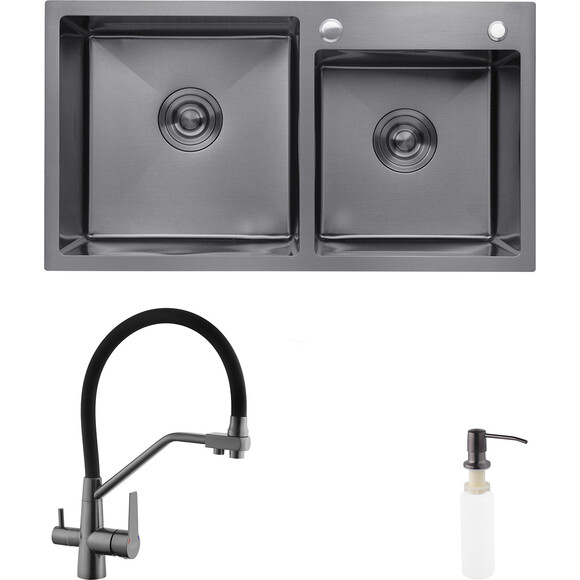 Кухонная мойка со смесителем Kroner KRS7843ZHMPVDPVD03817BLKSP026 (78x43 см, 3.0/1.0 мм, с коландером, дозатором и сифоном), фото 