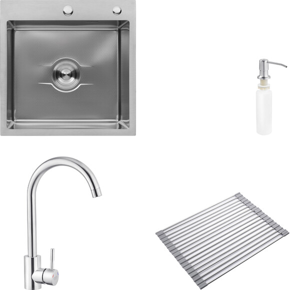 Кухонная мойка со смесителем Kroner KRD5050HMBGRA43332ESG035SP016 (50x50 см, 3.0/1.0 мм, с коландером, дозатором и сифоном, с сушилкой для посуды), фото 
