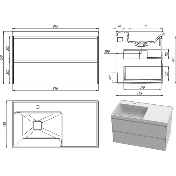 Тумба Snail Оливия с умывальником Snail Тукан 890KD2500A100 (90 см, белая глянцевая, подвесная), фото 9