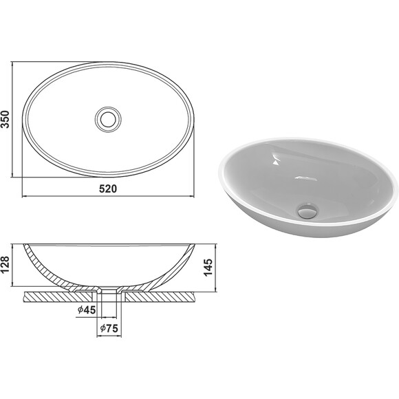 Умывальник Snail Фиеста Black Glossy 174A200 (52x35 см, черный глянцевый, чаша), Цвет производителя: черный глянец, фото 7