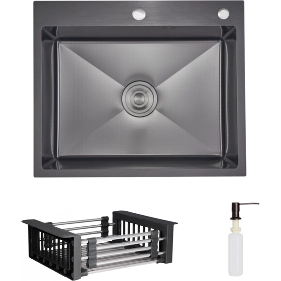 Мойка для кухни Lidz Handmade H6050HB Decor Black PVD Honeycomb LDH6050BDECPVD4837149129 (60x50 см, черный декор, 2.5/0.5 мм, с корзиной, сифоном и дозатором), Доступные размеры: 60 x 50, фото 