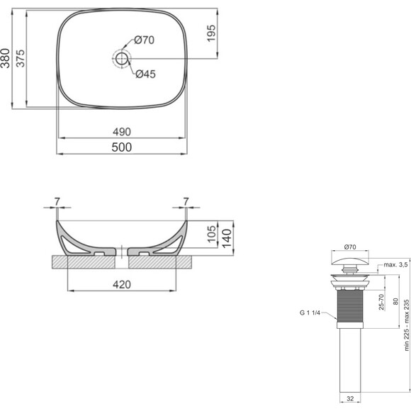 Умивальник Qtap Cardinal White Glossy QT04116302W48464 (50x38 см, чаша, з донним клапаном), Доступні розміри: 50 x 38, Колір виробника: білий глянець, фото , изображение 6