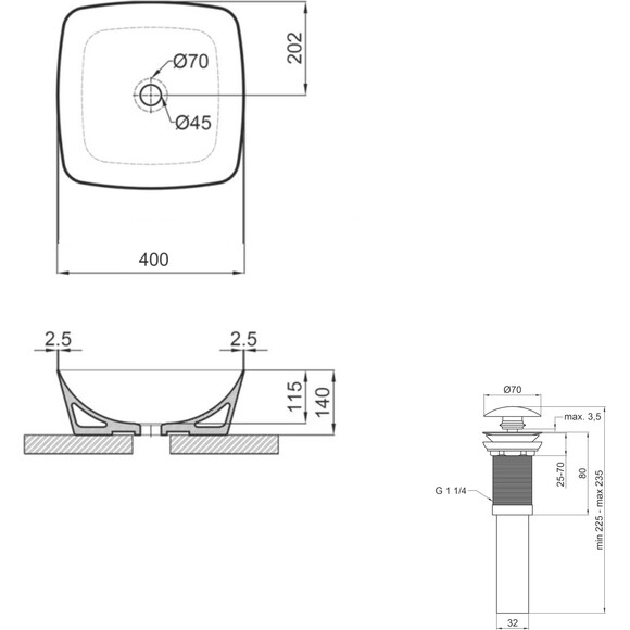 Умивальник Qtap Kolibri White Glossy QT10116303W48466 (40x40 см, чаша, з донним клапаном), Доступні розміри: 40 x 40, Колір виробника: білий глянець, фото , изображение 6