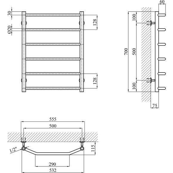 Водяна рушникосушарка Kroner KRP Diva DV-WT70x50-6 (500x700), Доступні розміри: 500 x 700, фото , изображение 5