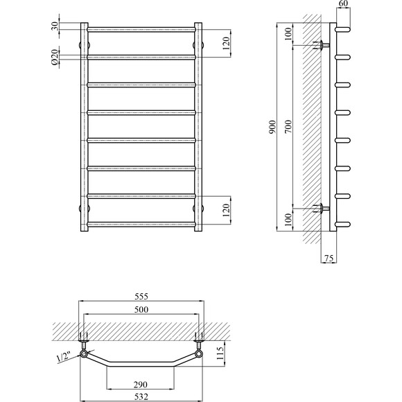 Водяной полотенцесушитель Kroner KRP Diva DV-WT90x50-8 (500x900), Доступные размеры: 500 x 900, фото 5