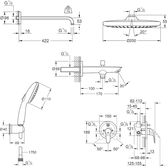 Душева система прихованого монтажу Grohe Euroeco & Vitalio Start 110/250 (32747000+26815000+27950001+13425001+26146000), фото , изображение 18