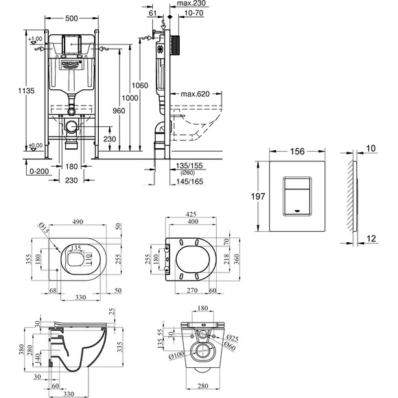 Комплект унитаз с инсталляцией 3 в 1 38971966KV0KH49R: подвесной унитаз с сиденьем Kroner Harz WHI493736 + инсталляция Grohe Solido 38971000 + клавиша смыва Grohe Even Black 38966KV0, фото 11