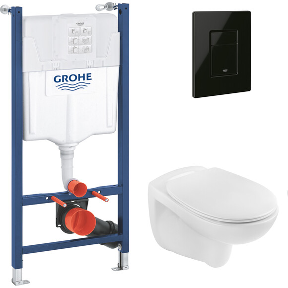 Комплект унитаз с инсталляцией 3 в 1 38971966KV0KO53R: подвесной унитаз с сиденьем Kroner Oker WHI533536 + инсталляция Grohe Solido 38971000 + клавиша смыва Grohe Even Black 38966KV0, фото 