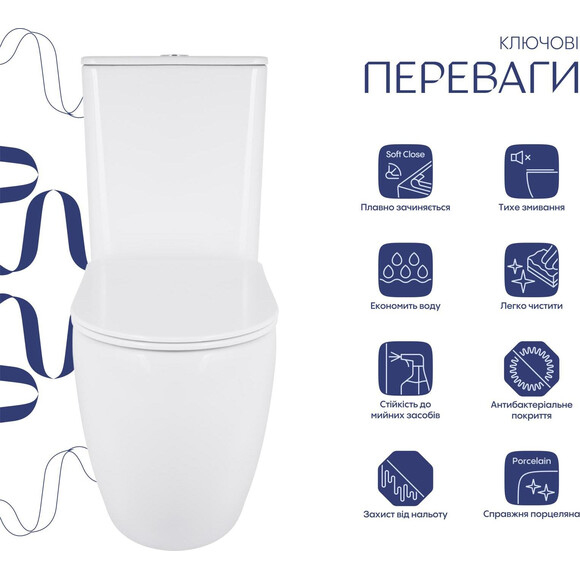 Безободковый унитаз-компакт Qtap Robin New Ultra Quiet QT13226083AW (воронкообразный, с сиденьем), Цвет производителя: белый глянец, фото 2