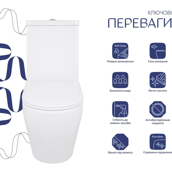 Безобідковий унітаз-компакт Qtap Jay Ultra Quiet Rimless QT07222175TW (з сидінням), фото , изображение 2