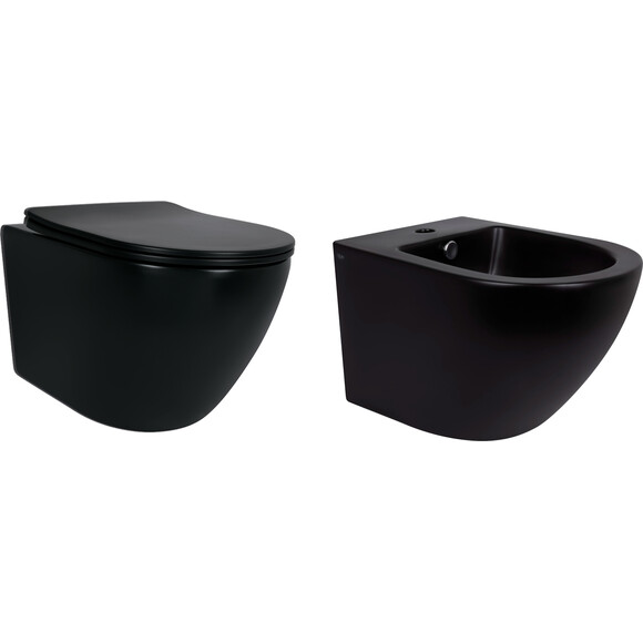 Комплект 2 в 1 QT13332381АSMB47628: безобідковий підвісний унітаз Qtap Robin New Ultra Quiet QT13332381АSMB + біде підвісне Qtap Robin QT1355046FMB, фото 