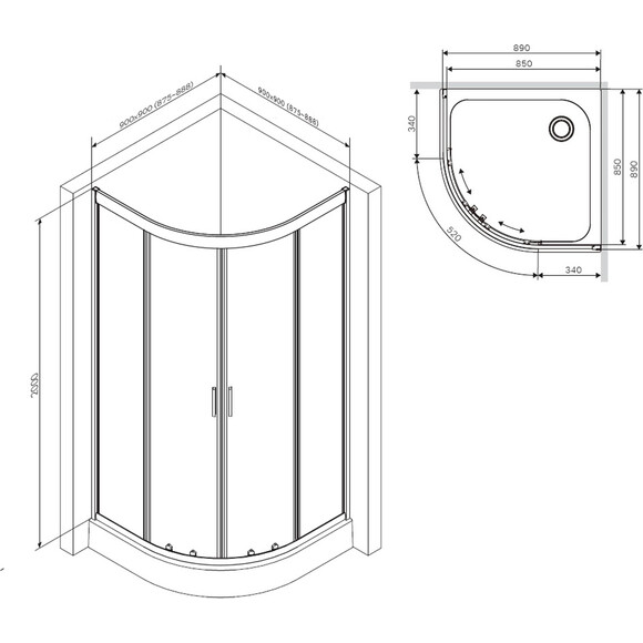 Душова кабіна Am.Pm Gem 1/4 Round W90UG-401-9090-BT (90x90 см, прозоре скло, профіль чорний матовий), Доступні розміри: 90 x 90, Колір виробника: чорний матовий, фото , изображение 17