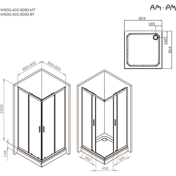 Душова кабіна Am.Pm Gem Square Slide W90UG-403-9090MT (90x90 см, прозоре скло, профіль матовий хром), Доступні розміри: 90 x 90, Колір виробника: сатин (хром матовий), фото , изображение 13
