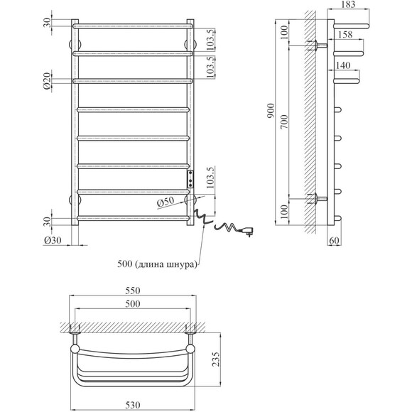 Електрична рушникосушарка Kroner KRP Prima PR-ER90x50-8 (500x900, права, сенсорна), Доступні розміри: 500 x 900, Підключення рушникосушарки: праве, фото , изображение 6