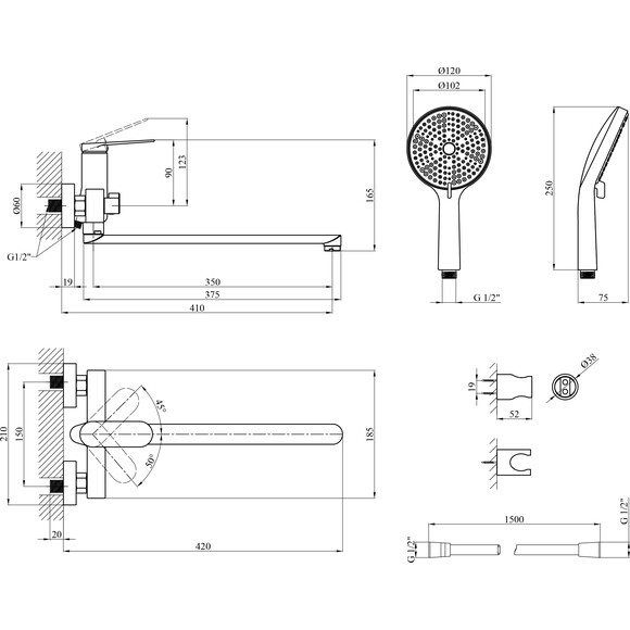 Смеситель для ванны Kroner Element 211414-0101 (хром, с лейкой и шлангом), Цвет производителя: хром, фото 8
