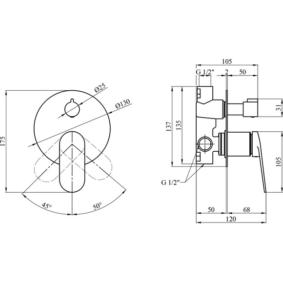 Змішувач прихованого монтажу для ванни Kroner Element 211337-0101 (хром, внутрішня частина в комплекті), Колір виробника: хром, фото , изображение 6