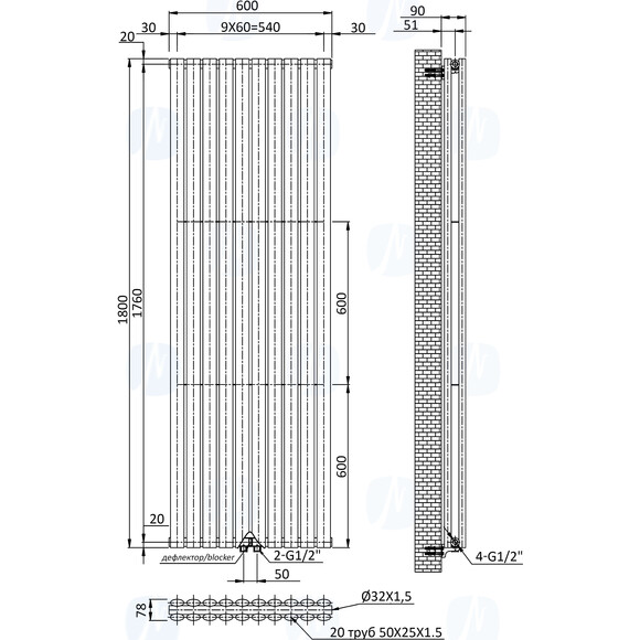 Вертикальний радіатор Navin Ellipse Double White 02-145133-6018 (60x180, білий глянсовий), Колір виробника: білий глянець, фото , изображение 9