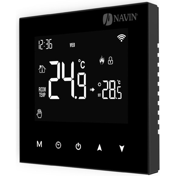 Терморегулятор для котла Navin WT100 B-3А (24-204273-8686, чорний глянсовий, з Wi-Fi та зовнішнім датчиком температури), фото 