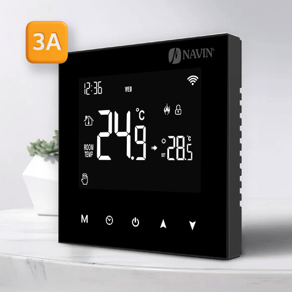 Терморегулятор для котла Navin WT100 B-3А (24-204273-8686, чорний глянсовий, з Wi-Fi та зовнішнім датчиком температури), фото , изображение 2