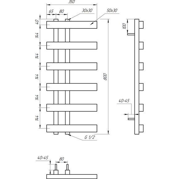 Водяна рушникосушарка Genesis Aqua Magnum Light GA-20001 (350x800, чорний матовий, білий, графіт), Доступні розміри: 350 x 800, Підключення рушникосушарки: нижнє, фото , изображение 3