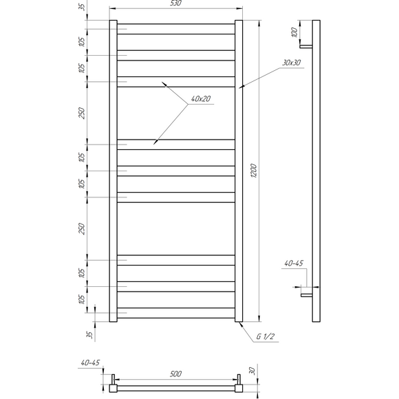 Электрический полотенцесушитель Genesis Aqua Tristar Flat Dry GA-5006-1 (530x1200, черный матовый, белый, графит), Доступные размеры: 530 x 1200, фото 4