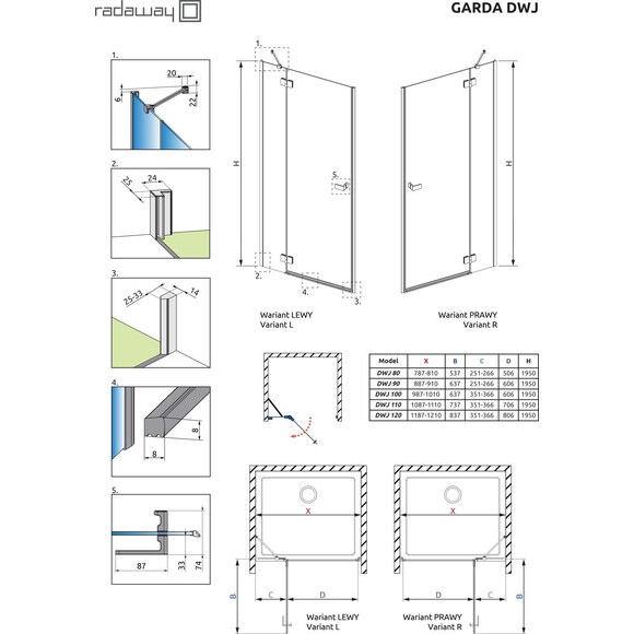 Душевые двери Radaway Garda DWJ Black 10710100-54-01L (100 см, стекло прозрачное, черные матовые, левые), Доступные размеры: 100 L, Цвет производителя: прозрачное стекло, отделка черная матовая, Расположение проема (входа): справа, фото 8