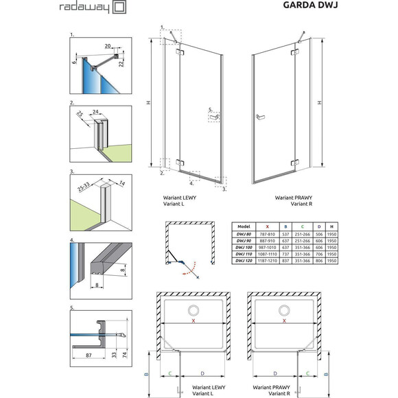 Душові двері Radaway Garda DWJ Brushed Gold 10710090-99-01L (90 см, скло прозоре, брашоване золото, ліві), Доступні розміри: 90 L, Колір виробника: прозоре скло, обробка брашоване золото, Расположение проема (входа): справа, фото , изображение 8