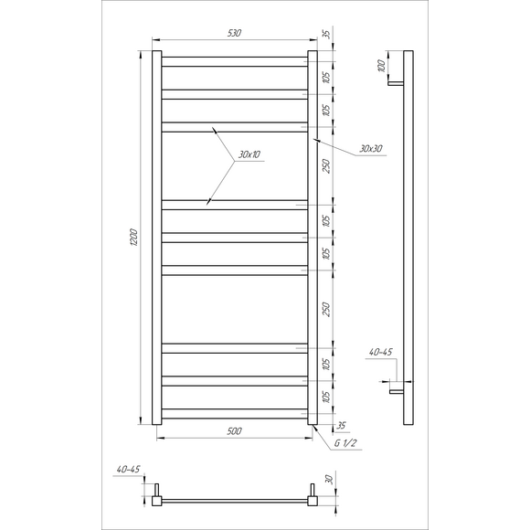 Электрический полотенцесушитель Genesis Aqua Tristar GA-1106 (530x1200, черный матовый, белый, графит), Доступные размеры: 530 x 1200, фото 5