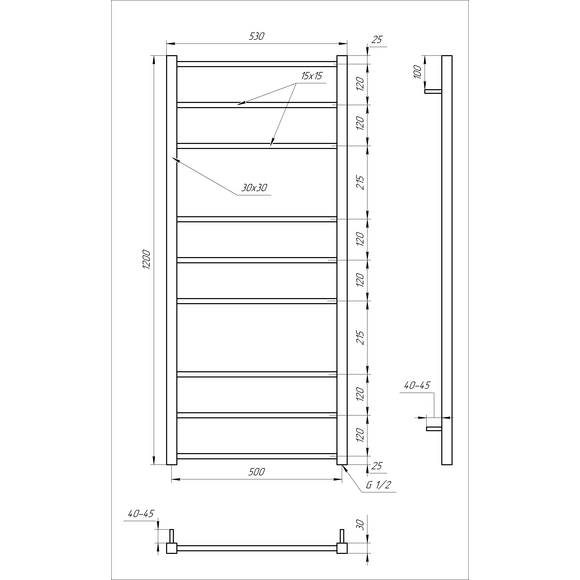 Електрична рушникосушарка Genesis Aqua Tristar Square GA-2006 (530x1200, чорна матова, біла, графіт), Доступні розміри: 530 x 1200, фото , изображение 3