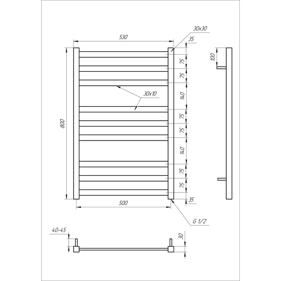Водяна рушникосушарка Genesis Aqua Tristar GA-1101 (530x800, чорний матовий, білий, графіт), Доступні розміри: 530 x 800, Підключення рушникосушарки: нижнє, фото , изображение 4