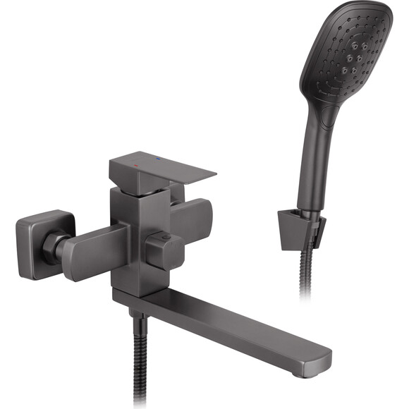 Змішувач для ванни Kroner KRP Edelstahl Kubus PVD070 (графіт, з лійкою та шлангом), фото 