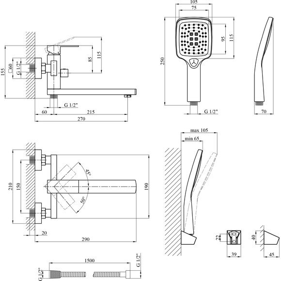 Змішувач для ванни Kroner KRP Edelstahl Kubus PVD070 (графіт, з лійкою та шлангом), фото , изображение 8