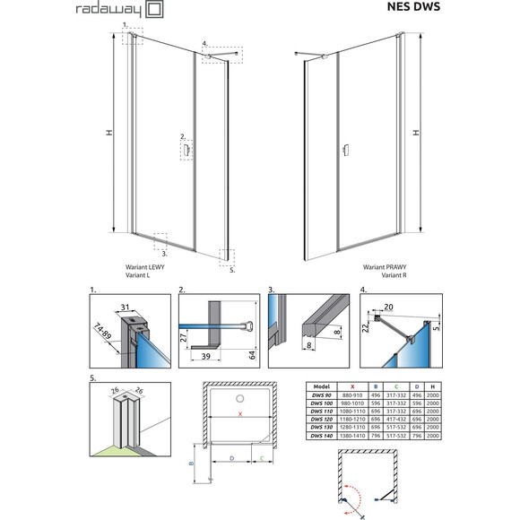 Душевые двери Radaway Nes 6 DWS I Black 10028110-54-01R (110 см, стекло прозрачное, черные матовые, правые), Доступные размеры: 110 R, Цвет производителя: прозрачное стекло, отделка черная матовая, Расположение проема (входа): справа, фото 6