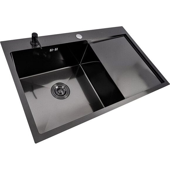 Кухонная мойка Valeso Handmade PVD Decor L SP000049737 (78x50 см, черная, 3.0/0.8 мм, левая, c дозатором и сифоном), Доступные размеры: 78 x 50 L, Цвет производителя: черный, Тип поверхности: PVD декор, фото 2