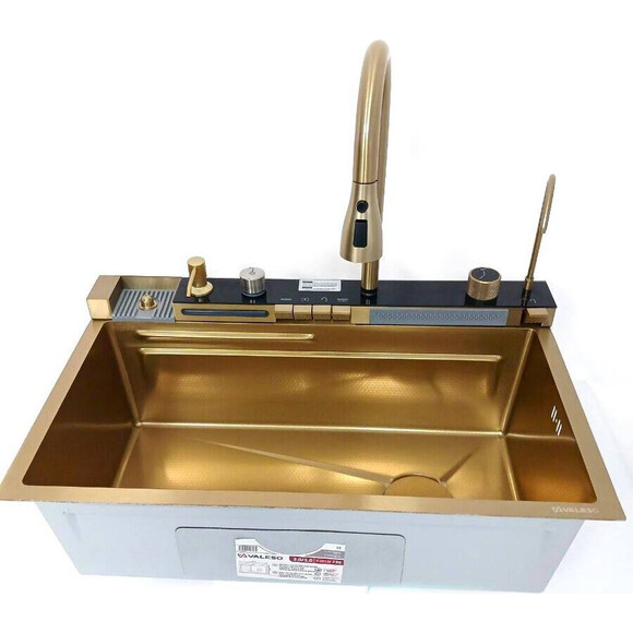 Кухонна мийка зі змішувачем-водоспадом та краном Valeso Handmade PVD Gold Decor SP000048202 (75x45 см, золото, з дозатором, сифоном, дошкою, ринзером та сушаркою для посуду), фото , изображение 2