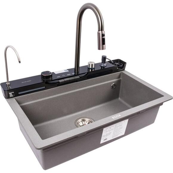 Кухонна мийка зі змішувачем-водоспадом та краном Valeso Evanora 7546 (SP000049394, 75x46 см, сірий мусон, з дозатором, сифоном, ринзером та сушаркою для посуду), Колір виробника: сірий мусон, фото , изображение 2