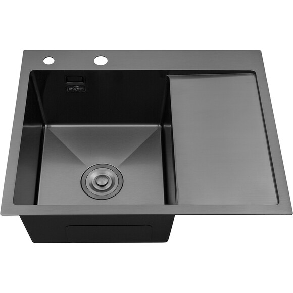 Кухонная мойка Kroner KRP Schwarze 6350LHM PVD (Schwarze-6350LHMPVD, 63x50 см, 3.0/1.0 мм, с коландером и сифоном), Доступные размеры: 63 x 50 L, фото 3